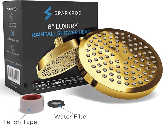 SparkPod Shower Head - High Pressure Rain - Premium Quality Luxury Design - 1-Min Install - Easy Clean Adjustable Replacement for Your Bathroom Shower Heads (Egyptian Gold, 6 Inch Round)