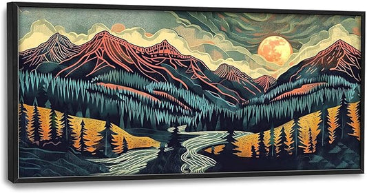 Quorin Boho Mountain Large Wall Art Abstract Pictures Lake Pine Tree Forest Foggy Sunset Wall Decor Nature Landscape Canvas Print Painting Artwork for Bathroom Living Room Bedroom 60L x 30W