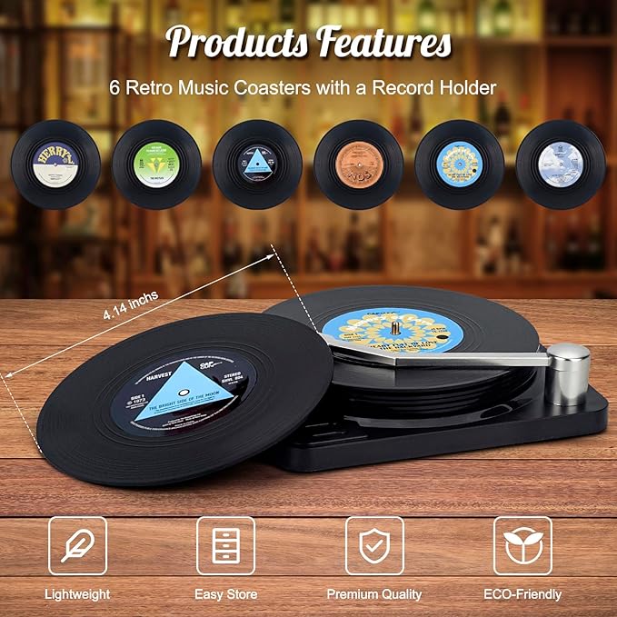 Valdivia Retro Vinyl Record Coasters with Player, 6PCS Music Coasters for Drinks, Home and Coffee Table Decor, Housewarming Gifts New Home Apartment Gifts for Music Lovers, Birthday Gifts for Men