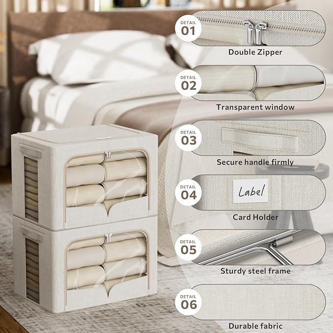 3 Pack Clothes Storage Bins Foldable Metal Frame Storage Box Stackable Linen Fabric Organizer Set with Carrying Handles and Clear Window (Beige, 15.7x11.8x11.8inch(36L))