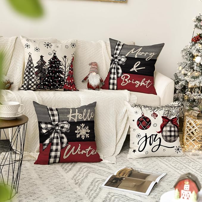 AVOIN colorlife Merry Christmas Joy Xmas Trees Red Throw Pillow Covers, 16 x 16 Inch Christmas Winter Holiday Cushion Case Decoration for Sofa Couch Set of 4