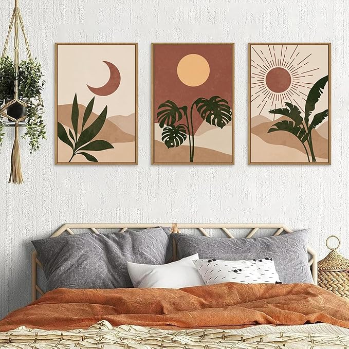 KAIRNE Mid Century Modern Wall Art Set of 3, Boho Sun and Moon Wall Decor, Bohemian Abstract Botanical Wall Painting, Modern Nature Art Prints for Living Room, Bedroom, Office - 16"x24"
