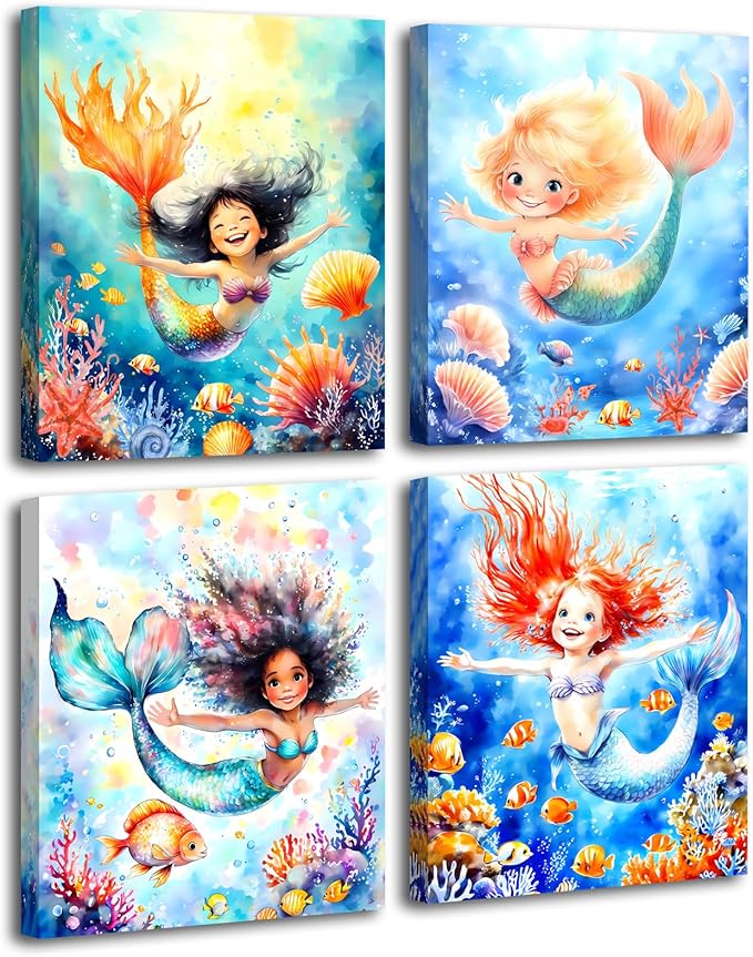 Framed Mermaid Wall Art,Mermaid Nursery Wall Art Prints,Ocean Bathroom Decor Prints,Mermaid Pictures Coral Wall Decor Canvas Prints for Girls Room Wall Decor Set of 4(8"x10")
