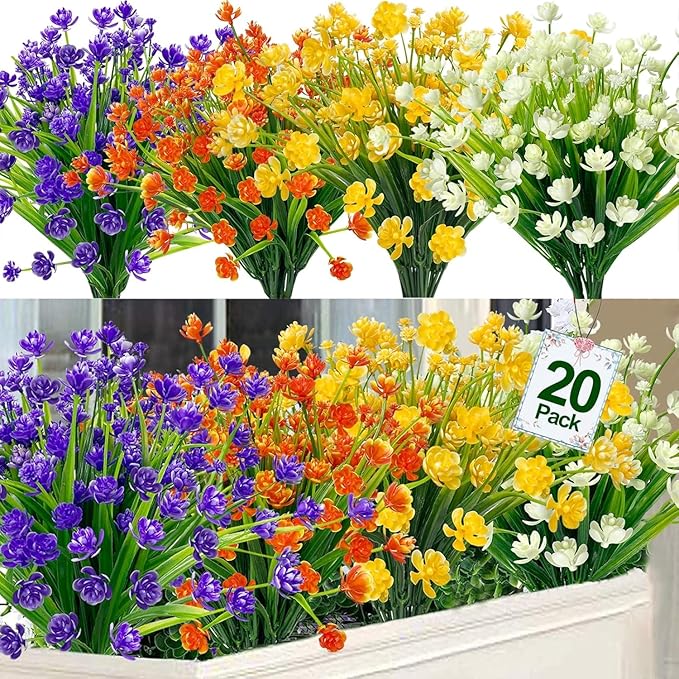 TURNMEON 20 Bundles Artificial Flowers for Outdoors Fake Plants Gardens Home Fall Decor, UV Resistant Artificial Plants Fake Flowers Faux Plastic Greenery Shrub Porch Patio Indoor Decorations 580 Head