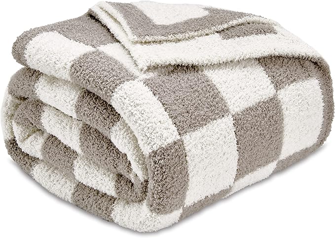 CozeCube Checkered Blanket, Ultra Soft Cozy Grey and White Throw Blanket, Warm Cozy Knit Fuzzy Plush Checkerboard Throw for Couch Bed Sofa, 60"x80"