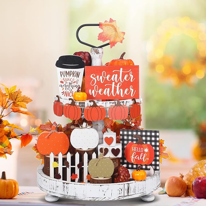 Sumind 15 Pcs Fall Tiered Tray Decor Set Fall Decorations for Home Autumn Wood Signs Thanksgiving Orange Brown Table Signs Farmhouse Wooden Maple Pumpkin Gnomes Tabletop for Festival(Pumpkin)
