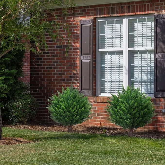 21" Artificial Cedar Topiary Ball Trees with Ground Spike Set of 2 - UV Resistant Faux Shrubs & Bushes Potted Plants for Outdoor Indoor Front Porch Garden