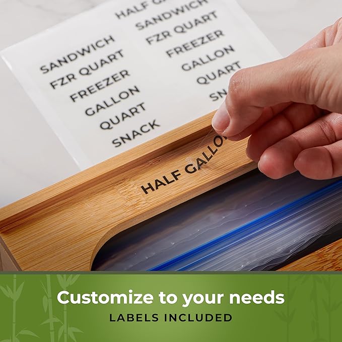 Bamboo Storage Bag Organizer, Sandwich Bag Organizer - Single block Design with Labels Included, Baggie Organizer for drawer, Quick Refill Slider, Compatible with Half Gallon, Quart, Snack size bags