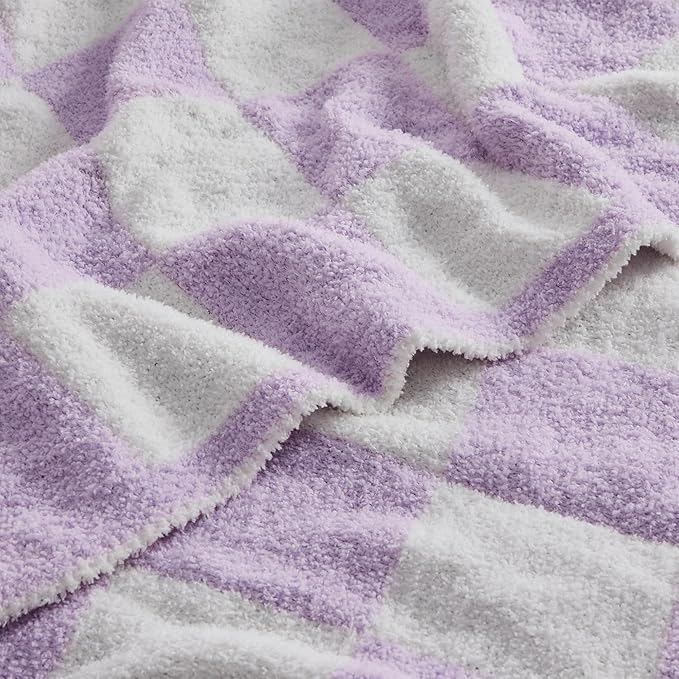 JOOJA Soft Cozy Checkerboard Lilac Blanket - Fluffy Knit Throw Blanket for Couch - Plaid Checkered - 60x80 in