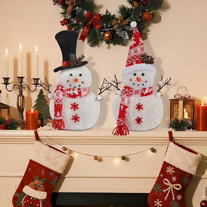 Set of 2 Christmas Plush Snowman Doll Tabletop Decorations, Christmas Snowman Ornaments for Home Kitchen Xmas Holiday Party Decor