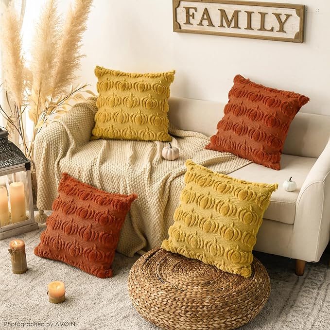 AVOIN colorlife Fall Pumpkin Caramel Ginger Throw Pillow Covers, 18 x 18 Inch Seasonal Autumn Thanksgiving Harvest Soft Plush Faux Fur Jacquard Cushion Case Decoration for Sofa Set of 4