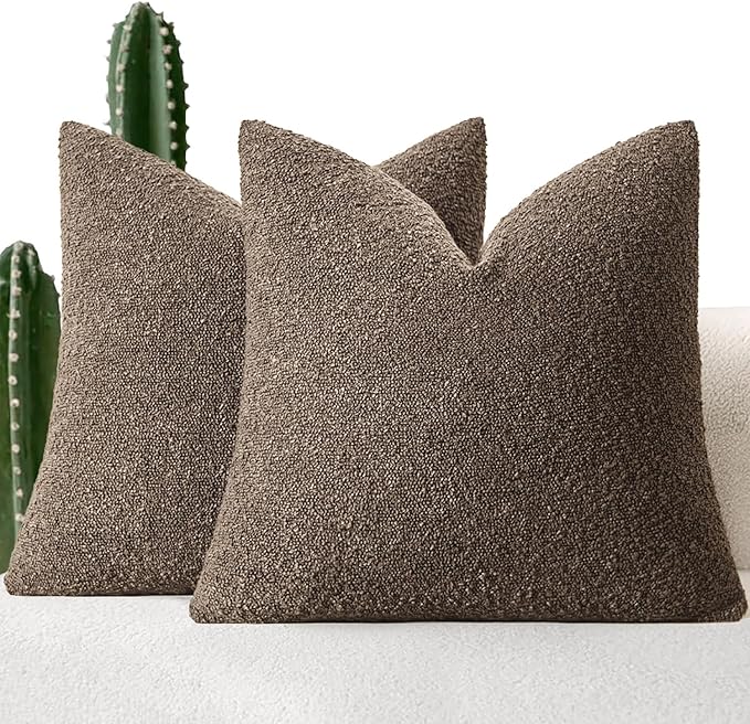 MIULEE 22x22 Inch Decorative Euro Sham Throw Pillows for Bed Set of 2 Textured Boucle Neutral Throw Pillow Covers Dark Brown Accent Solid Couch Vintage Pillowcase Cozy Soft Sofa Livingroom Home Decor