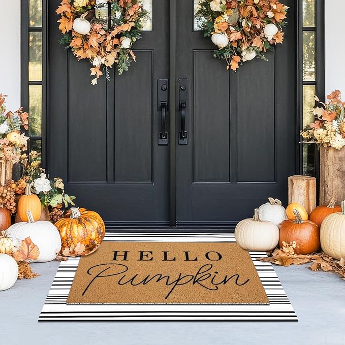 2 Pcs Fall Door Mat Hello Pumpkin Welcome Non Slip Coir Mats Thanksgiving Black White Stripe Harvest Floor Layering Doormats Seasonal for Front Porch Entryway Decor(Hello Pumpkin)
