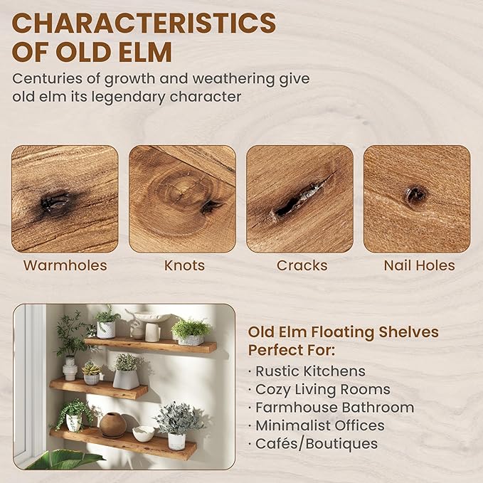 24" Floating Shelves, Live Edge Solid Elm Wood Floating Shelf, Wall Mounted Display Shelves with Heavy-Duty Bracket for Books, Rustic Wooden Shelf for Kitchen, Bathroom, Natural Color, Set of 2