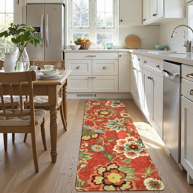 Lahome Red Floral Kitchen 2x5 Rug Runner, Washable Hallway Runner Vintage Christmas Throw Area Rug, Non-Slip Carpet for Entryway Living Room Laundry (2'x5', Red)
