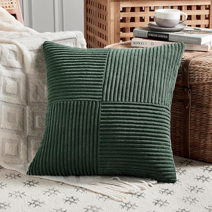Fancy Homi Set of 4 Dark Green Boho Decorative Throw Pillow Covers 18x18 Inch for Living Room Couch Bed, Modern Farmhouse Forest Green Home Decor, Soft Textured Corduroy Cross Patchwork Cushion Case