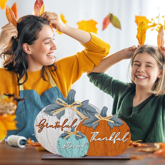 Soaoo Fall Pumpkin Table Decorations Wooden Thankful Blessed Centerpiece Autumn Grateful Tabletop Decor Farmhouse Harvest Pumpkin Block Signs for Party Rustic Table Shelf Decor Home(Vivid)