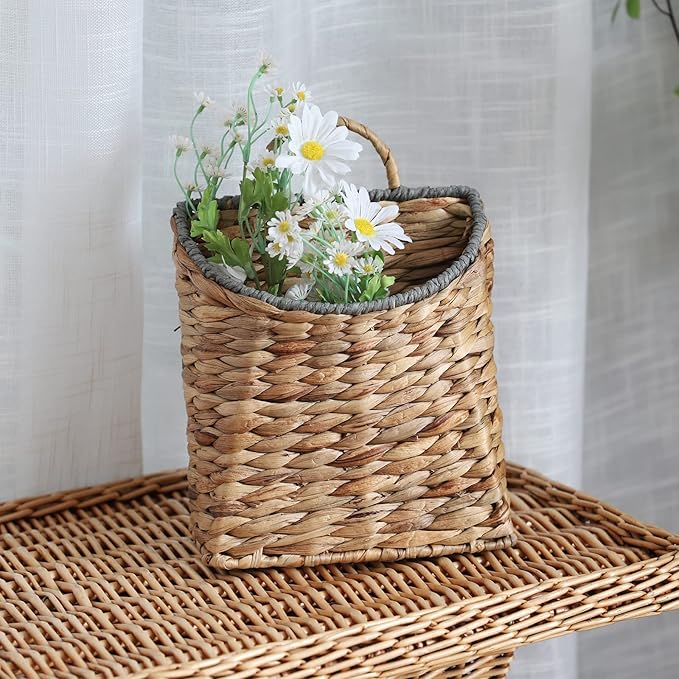 GYASVWU Woven Hanging Basket Water Hyacinth Hanging Wall Basket Wicker Handmade Baskets for Garden Farmhouse Home (Paper rope mouth)