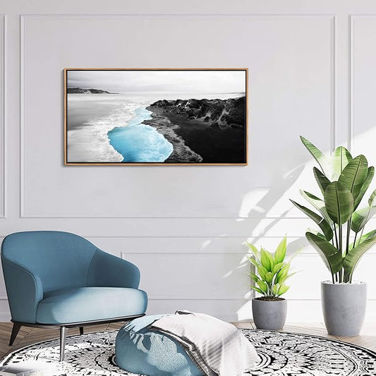 YCPRIMER Blue Beach Wall Art - Black And White Coastal Picture Ocean Seascape Canvas Wall Decor Sea Wave Paintings Modern Pastels Artwork for Living Room Bedroom Dinning Room Office Framed Decoration Size 20x40Inch