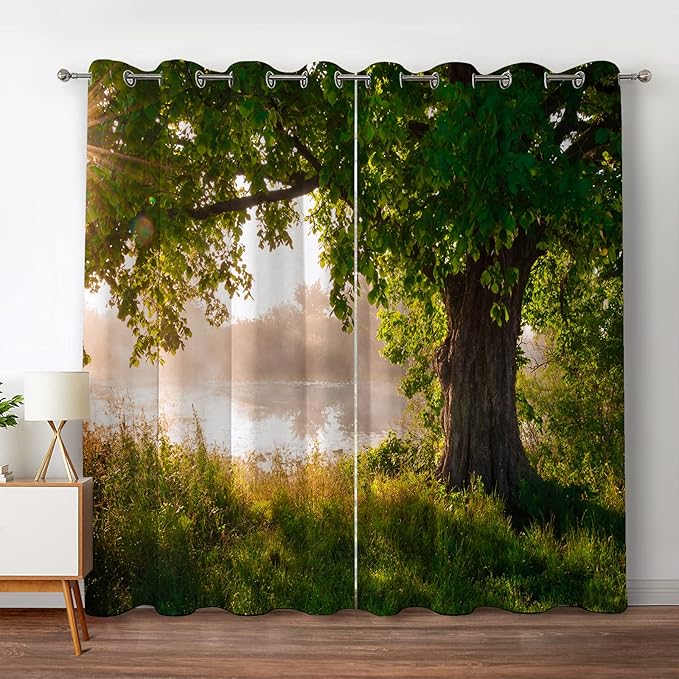 Jekeno Oak Tree Forest Blackout Curtains Green Jungle Nature Landscape Foggy Scenery Stream View Print Tree Decor for Bedroom Living Room Grommet Window Drapes 2 Panel Set, 42"x63"