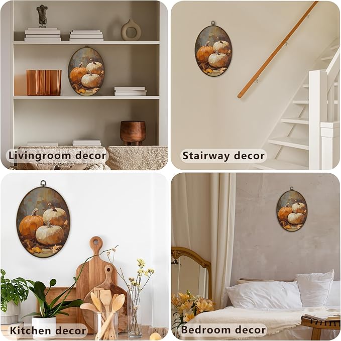 Gnmduw Vintage Fall Pumpkin Oval Wall Art Framed,Fall Cottagecore Pumpkin Canvas Prints Hanging Decor,Retro Thanksgiving Fall Farmhouse Wall Decor for Farmhouse Living Room Bedroom, 8.7x11.3 In