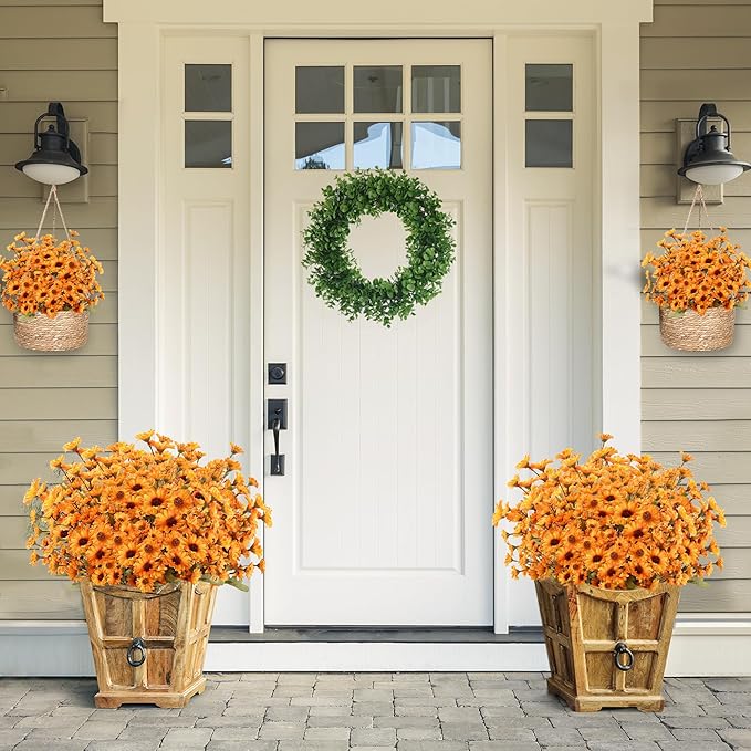 Sggvecsy 8 Bundles Artificial Fall Flowers Faux Mums Fake Silk Orange Daisy Bulk UV Resistant Plants Floral Arrangement for Indoor Outdoors Garden Home Wedding Thanksgiving Autumn Decor