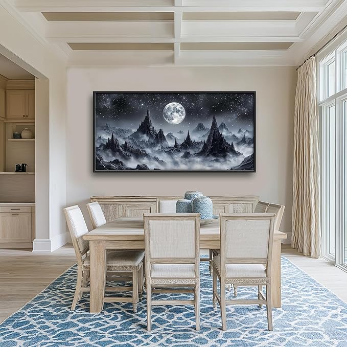 Olivine Mountain Large Wall Art, Moon Pictures Wall Decor, Nature Landscape Paintings, Night Mountains Canvas Prints, Framed Artwork for Dining Room Bedroom Living Room Office Bathroom Home 60"x30"