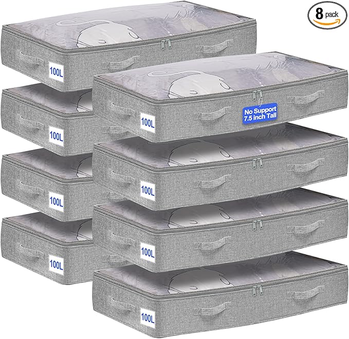 punemi Under Bed Storage Containers (Soft-Sided) - 8-Pack, 100L Extra Large, Zippered Flat Storage Bins for Blankets, Winter Clothing & Shoes - Thick Fabric, 40x20x7.5 Inches, Grey