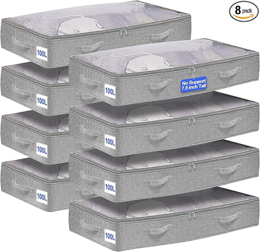 punemi Under Bed Storage Containers (Soft-Sided) - 8-Pack, 100L Extra Large, Zippered Flat Storage Bins for Blankets, Winter Clothing & Shoes - Thick Fabric, 40x20x7.5 Inches, Grey