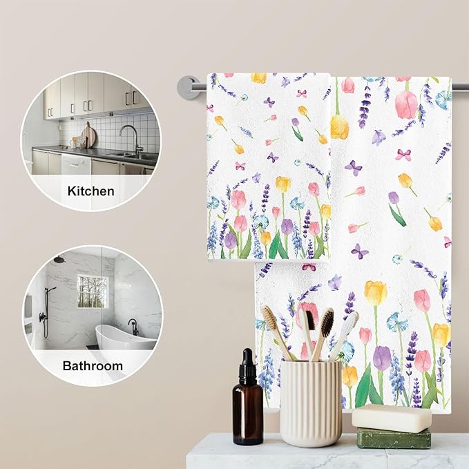 Seasonal Spring Summer Kitchen Towels Dish Towels Set of 2,Lavender Tulip Hand Towels 18x28 Inch Drying Dishcloth,Summer Holiday Dish Towels for Kitchen Bathroom Home Decor Housewarming Gifts