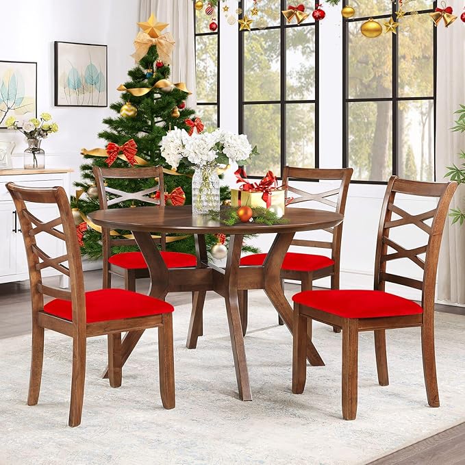 Smiry Velvet Seat Covers for Dining Room Chair Set of 6, Stretch Fit Removable Washable Chair Seat Cushion Protector Slipcovers with Ties, Red