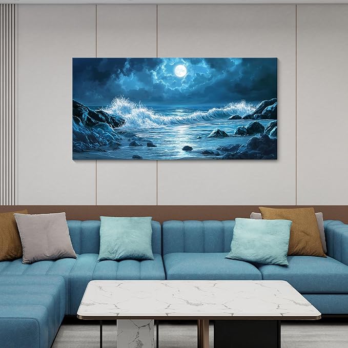 CHATYOUNG Blue Ocean Wall Art, Large Reef Beach Sea Waves Night Landscape Paintings Moon Clouds Coastal Style Picture Artwork for Bedroom Living Room Kitchen Home Offic Decor 24"X48"