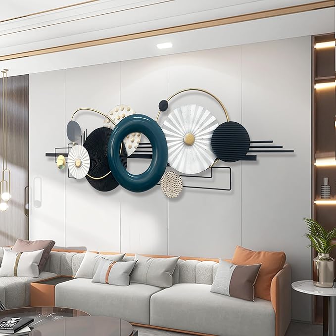 Modern Abstract Metal Wall Art, Large 59x 21 Inches Wall Sculptures, Geometric Circles Design Wall Decor, Blue Black White, Wall Decors for Living Room Bathroom Bedroom Dining Room