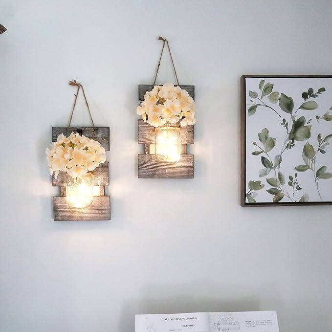 Besuerte Farmhouse Sconces Wall Decor Set of 2, Dining Room Art Wall Decor, Home Decor,Living Room, Bathroom, Hanging Vintage Wall Sconce 6-Hour Timer, Gray