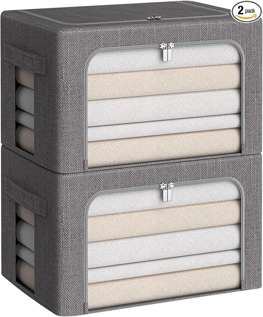 Clothes Storage Bins Box - Linen Fabric Foldable Stackable Container Organizer Set with Clear Window & Carry Handles & Metal Frame (Dark Gray, Medium-36L)