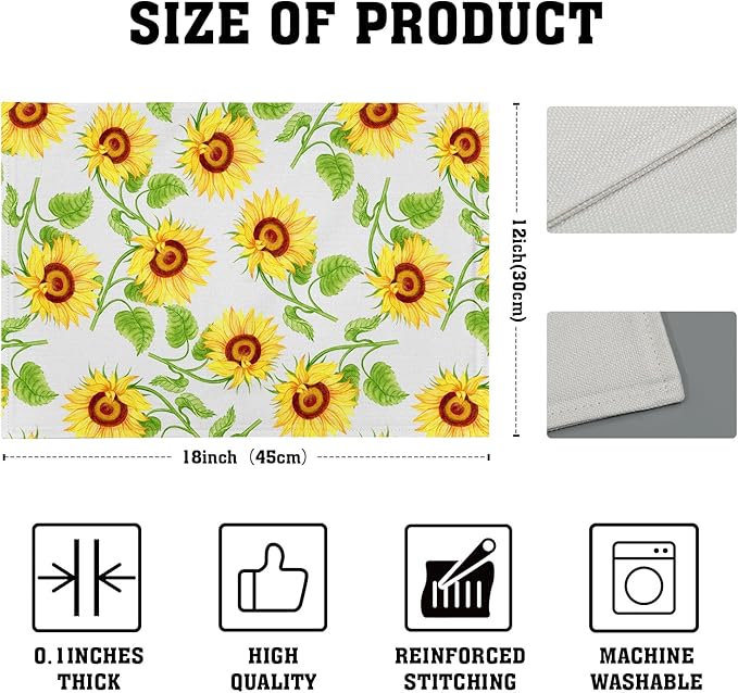Sunflower Placemats 12×18 Inches Set of 4 Spring Summer Floral Seasonal Indoor Kitchen Dining Table Place Mats for Home Party Decoration