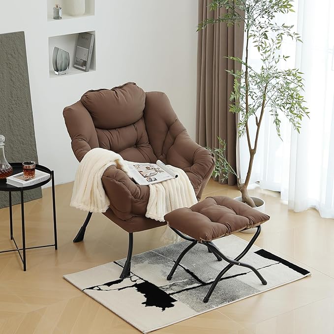 Lazy Chair with Ottoman, Modern Chair with Folding Footrest, Lounge Accent Chair, Comfortable Reading Chair (Dark Brown)