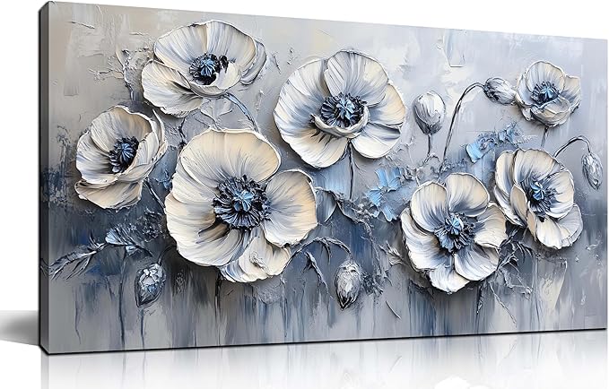 AOZEMI Flower Wall Decor for Bedroom White Canvas Wall Art Blue Wall Picture Artwork for Living Room Office 20" x 40"