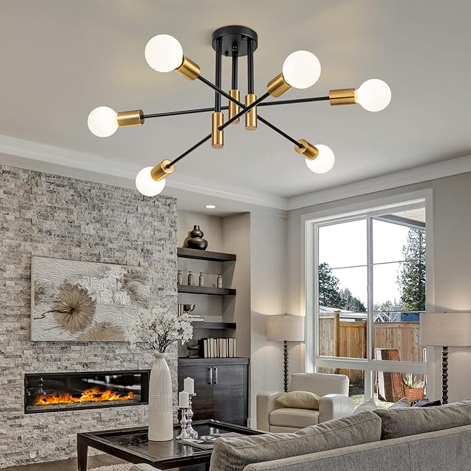 6-Light Modern Sputnik Chandeliers, Black Gold Semi Flush Mount Ceiling Light Fixture, Industrial Farmhouse Kitchen Lighting Fixtures Ceiling Mount for Living Room Bedroom