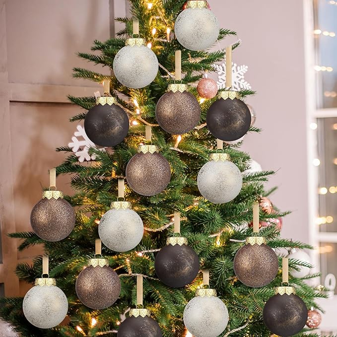 12 Pcs Neutral Textured Christmas Ball Ornaments 2.36'' Vintage Christmas Tree Decor Modern Rustic Brown Ornaments with Loop Shatterproof Hanging Ball for Xmas Farmhouse Decor (Dark Brown)