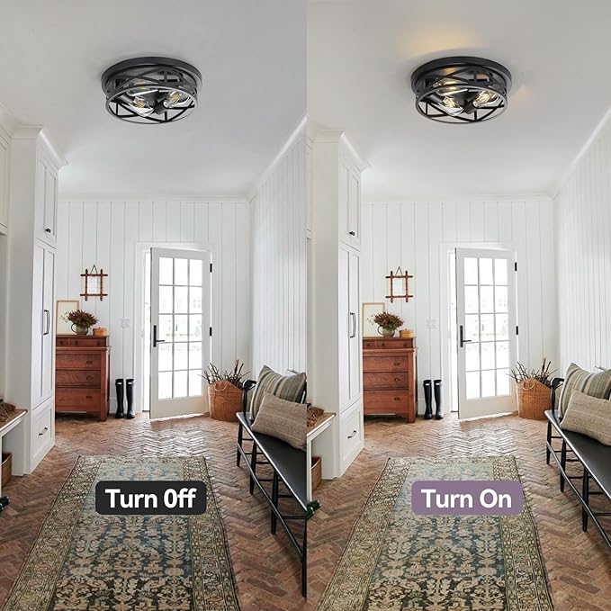 13 inch Black Flush Mount Ceiling Light Fixtures,3-Light Industrial Farmhouse Ceiling Light Fixture，Black Light Fixture Ceiling Mount for Kitchen Bedroom Living Room Hallway 2 Pack