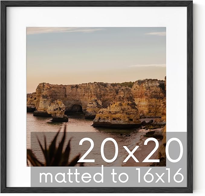 HAUS AND HUES Solid Oak 20”x20” Picture Frame Matted to 16”x16” - 20 by 20 Black Picture Frames, 20 x 20 Square Picture Frames, 20x20 Black Square Frames, Wood Picture Frames with Mat (Black Frame)