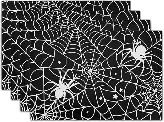Halloween Placemats 12×18 Inches Set of 4 Spiders Black White Spiderweb Seasonal Holiday Indoor Kitchen Dining Table Place Mats for Home Party Decoration