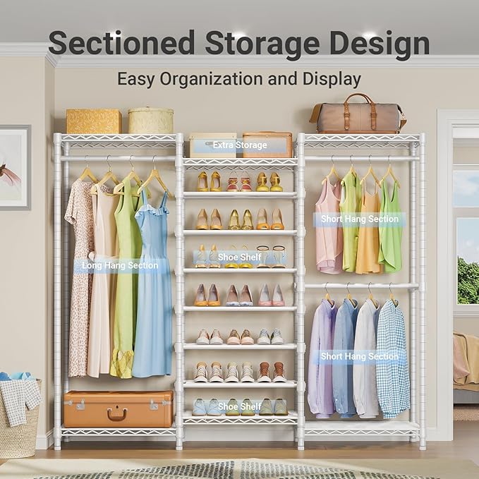 VIPEK S3 Freestanding Clothes Rack Heavy Duty Garment Rack 6-Tier Shoe Racks Closet Storage Organizer Large Wardrobe, Hanging Rod, Adjustable Metal Shelf, 68.9" L x 15.7" W x 76.4" H, White