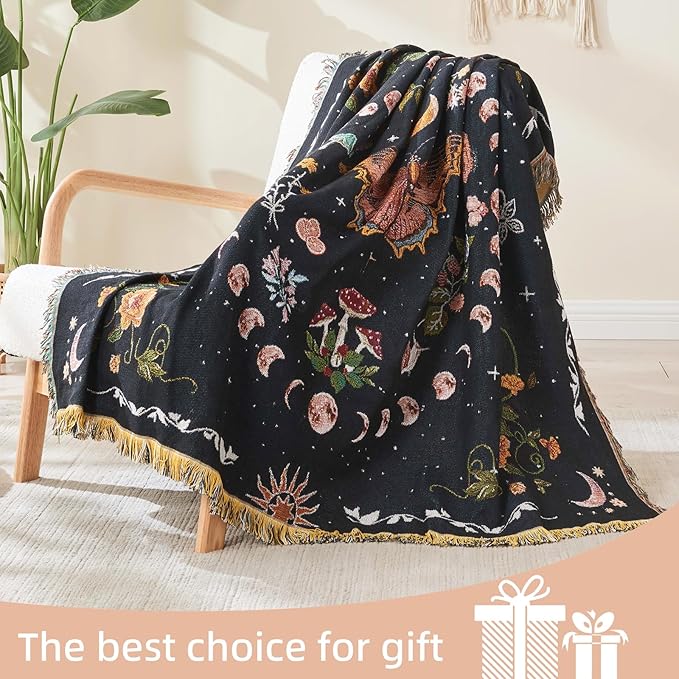 Boho Throw Blanket Reversible Cotton Bohemian Tapestry Hippie Room Decor Outdoor Blanket Double Sided (Black Butterfly 50"x60")