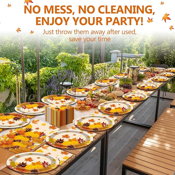 Fall Party Oval Paper Plates 11inch Large Thanksgiving Maple Leaves Plates and Napkins, Gold Foil Fall Party Decoration Favor Dish Tray for Autumn Holiday Gathering Supplies Tableware, 25 Guest