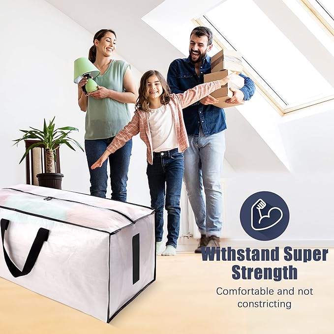 12 Pack Large Strong Moving Bags with Zippers & Carrying Handles - Water-Resistant - Heavy Duty Storage Tote for Space Saving, Fold Flat, Alternative to Moving Box (Semi-Transparent)