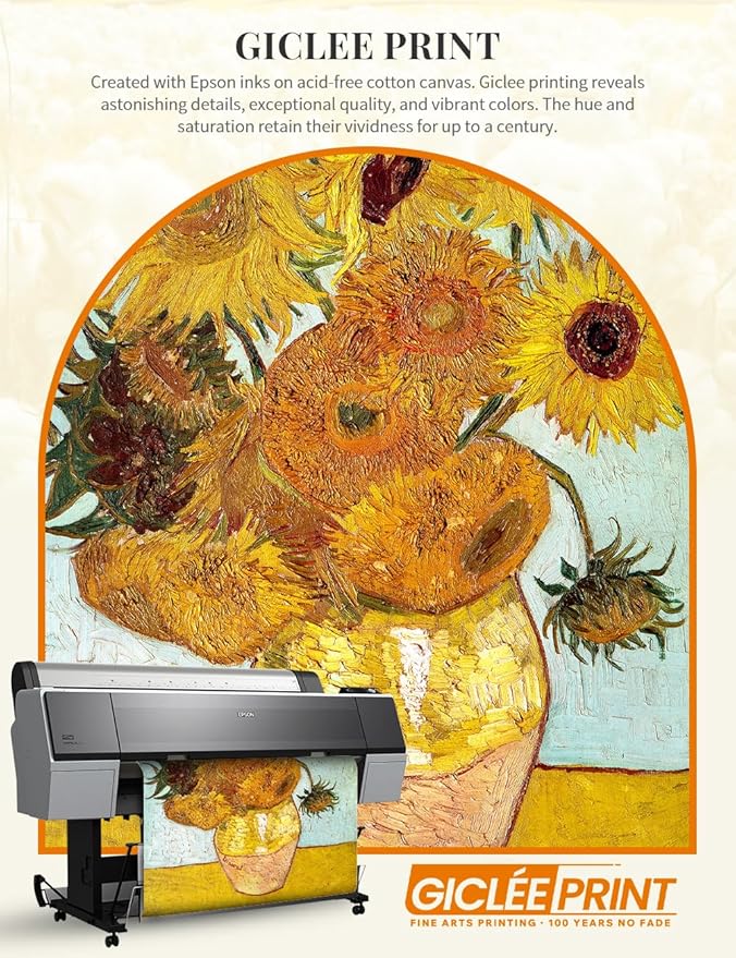 DECORARTS - Twelve Sunflowers by Vincent van Gogh, Museum-Quality Giclee Canvas Print with Silver Solid Wood Frame, 34.75 x 28.75 in, Ready to Hang, Made in USA