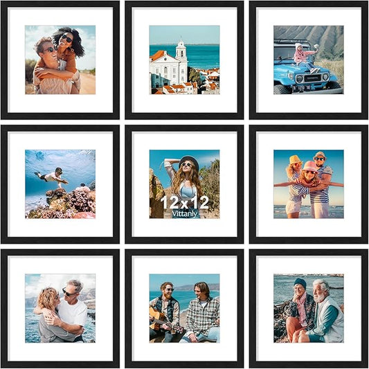 Vittanly 12x12 Picture Frames Set of 9, Shatter Resistant Plexiglass, Display 8x8 Pictures with Mat or 12x12 without Mat, Photo Frames for Wall Mount, Engineered Wood, Black
