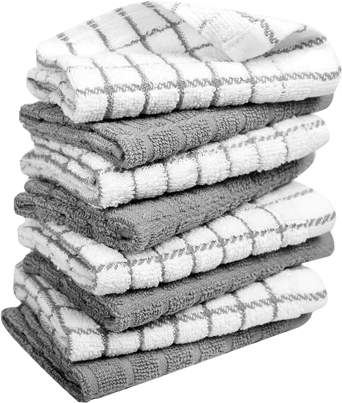 Bumble Dish Cloths (8 Pack) - 100% Cotton Dish Rags & Kitchen Washcloths for Washing Dishes | 12" x 12" | 405 GSM | Gray